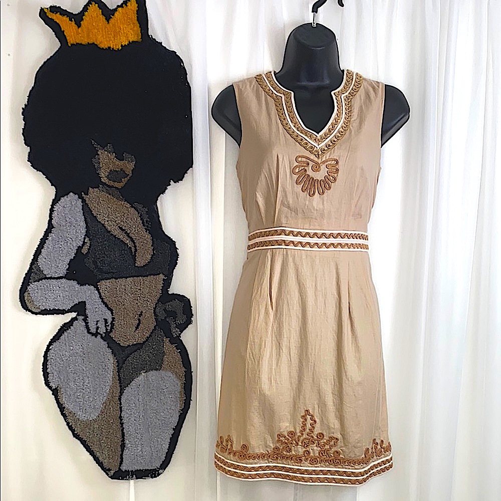 THML Embroidered Boho Midi Dress Tan Cream Sleeveless Lined Cotton Women’s S NWT